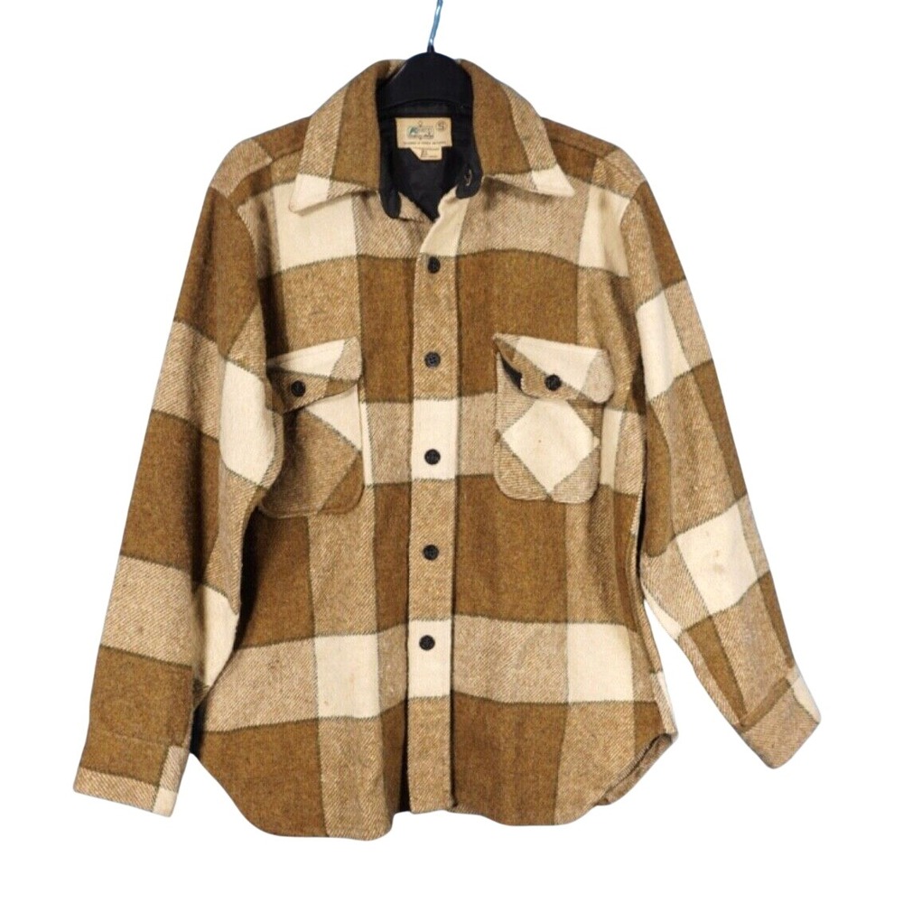 VTG K-MART Brown Plaid WOOL WORK BLEND SHIRT JACKET Barn Chore BUTTON-UP sz S